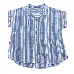 Lucky Brand Linen Blend Tunic Top Womens Size Medium Blue White Striped Button